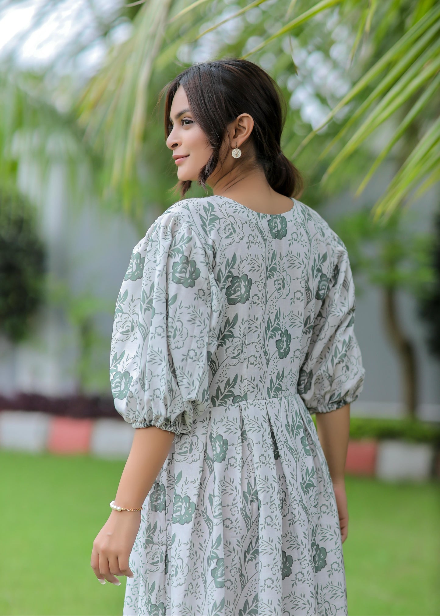 White Floral Print Linen Cotton Dress D6090