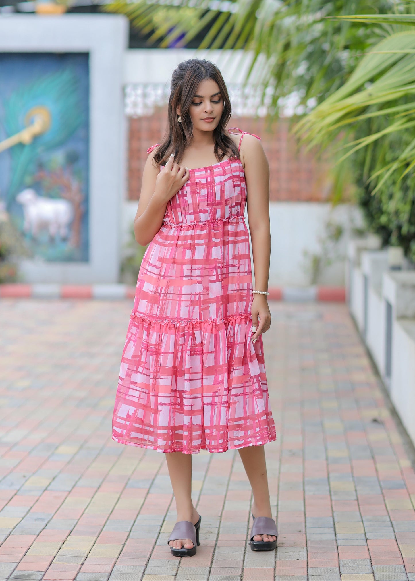 Pink Checks Printed Maxi Dress D6091