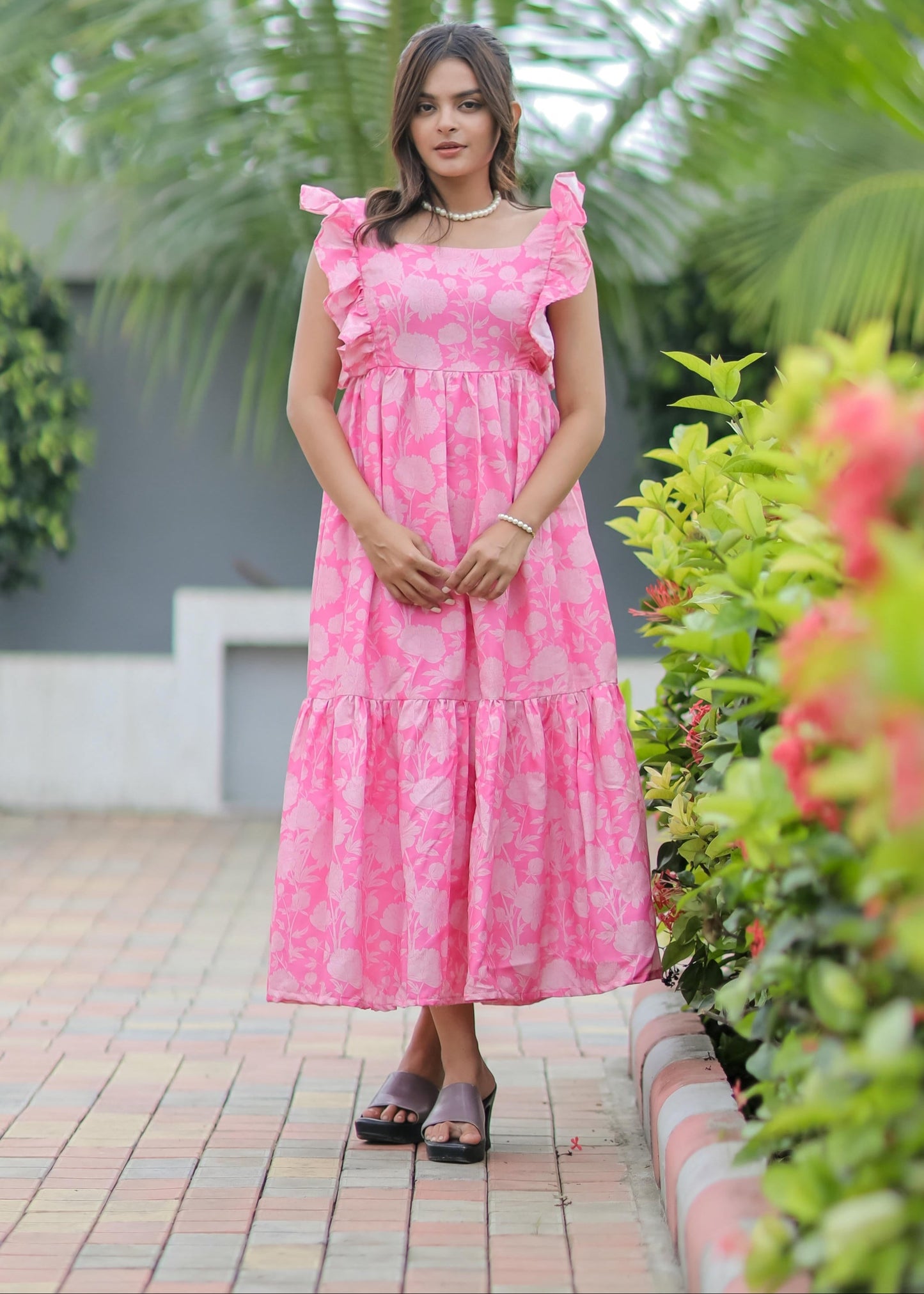 Baby Pink Floral Print Linen Cotton Dress D6092