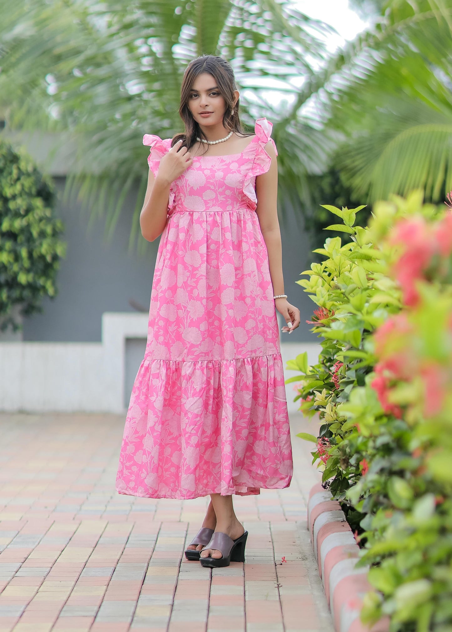 Baby Pink Floral Print Linen Cotton Dress D6092