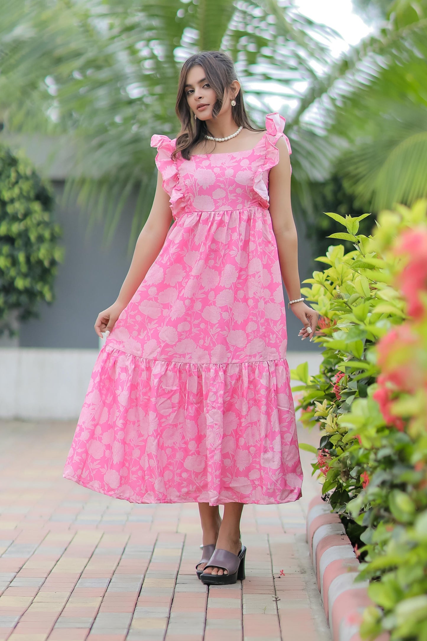 Baby Pink Floral Print Linen Cotton Dress D6092