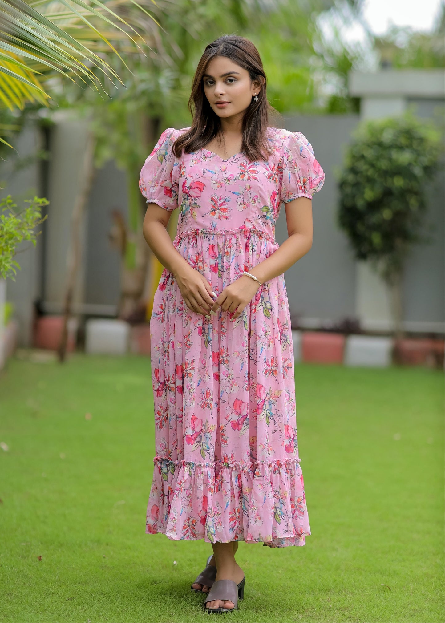 Pink Printed Georgette Maxi Dress D6102