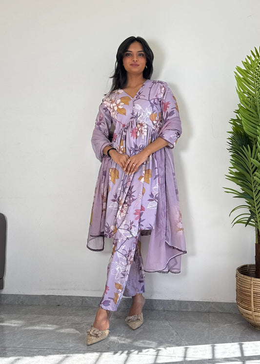 Purple Floral Printed Suit Set with Dupatta – Elegant Ethnic Wear D6173