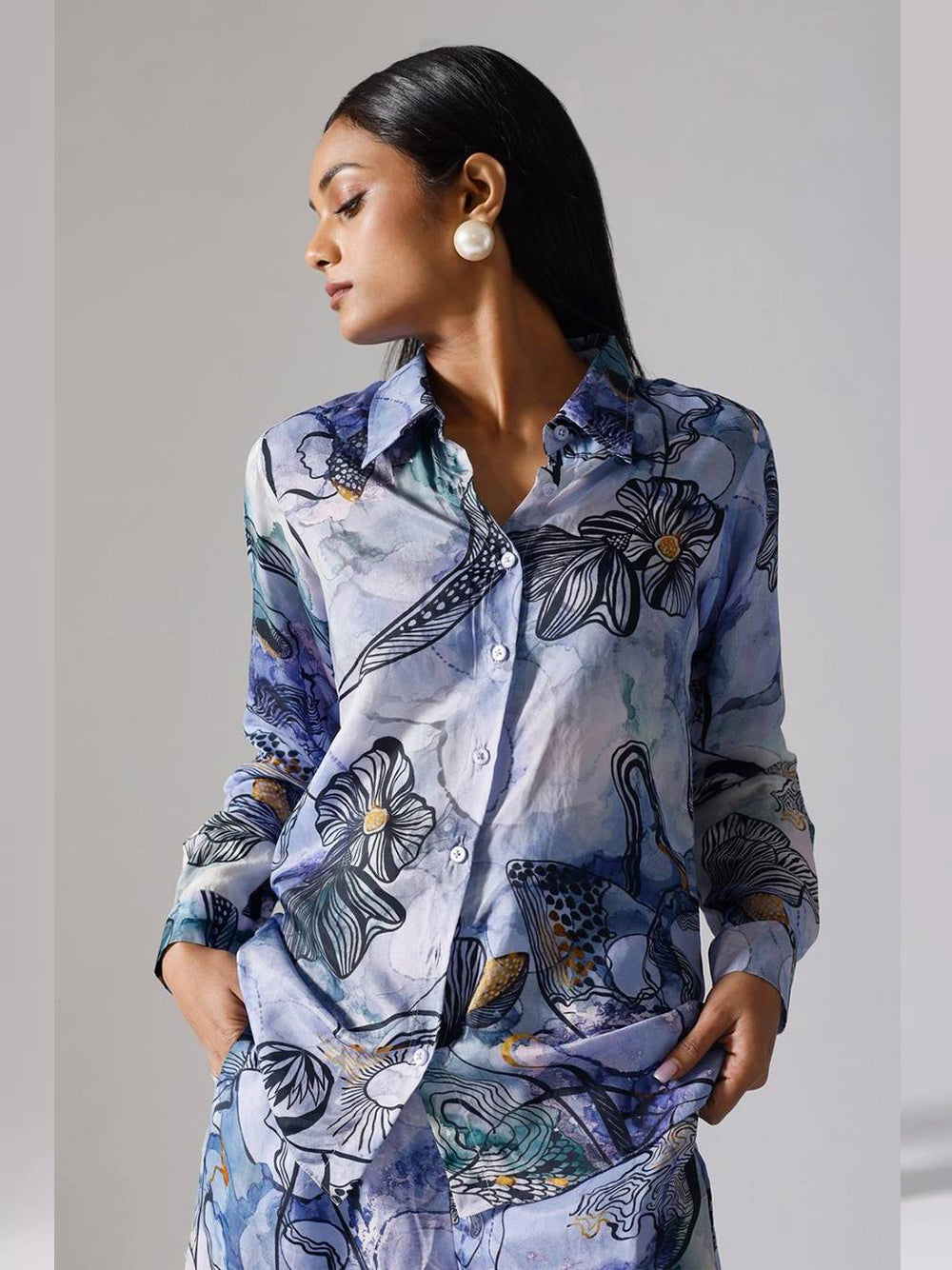 Stunning Printed Shirt Collar Co-Ord Set (Sky) VT-01122-B - kharidari