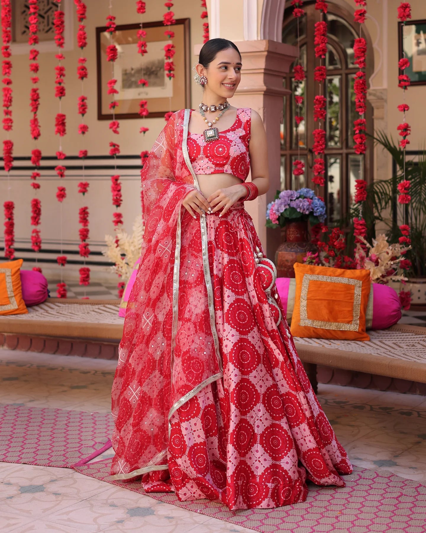 Ruby And Cream Rhapsody Printed Satin Lehenga Set D5003