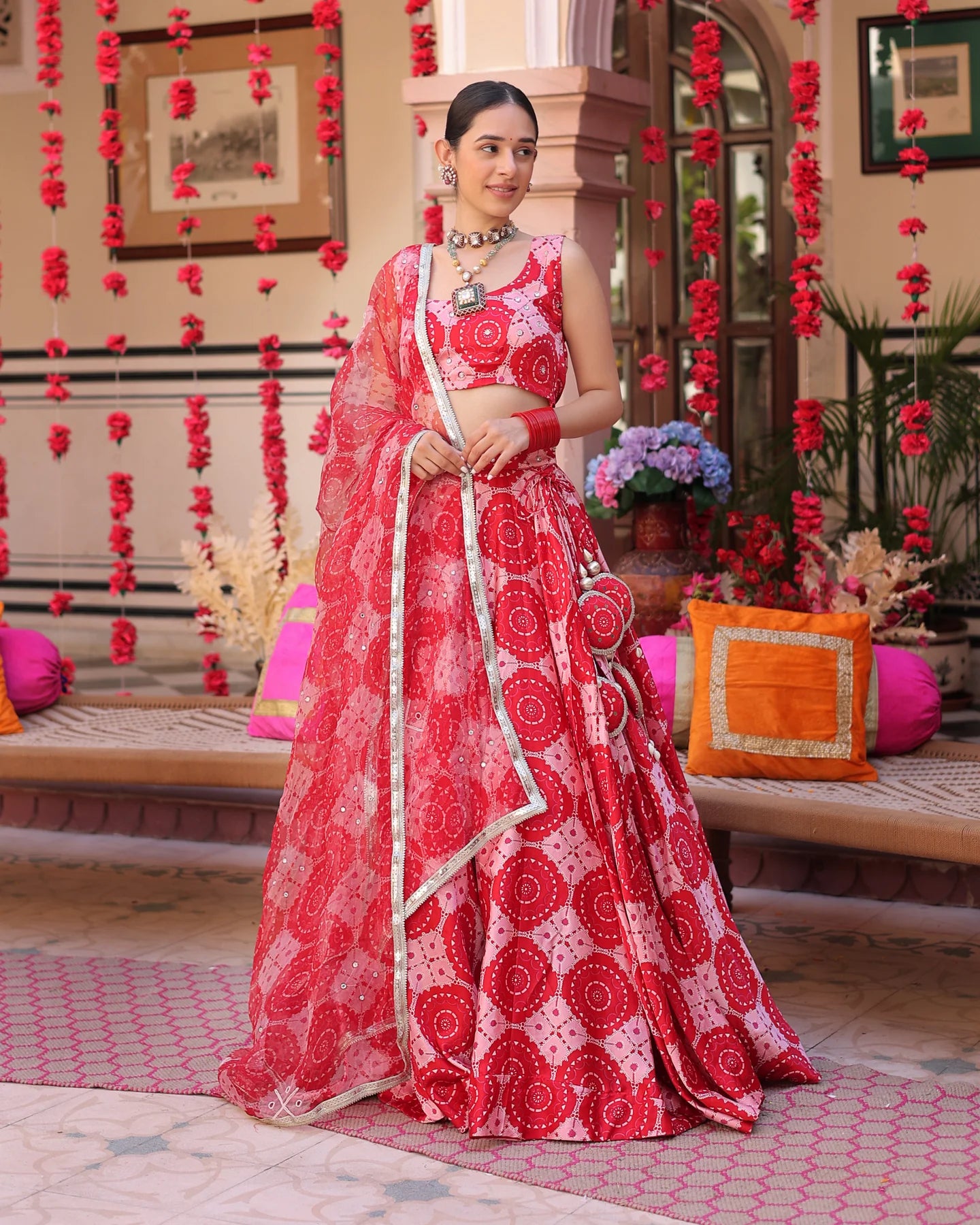 Ruby And Cream Rhapsody Printed Satin Lehenga Set D5003