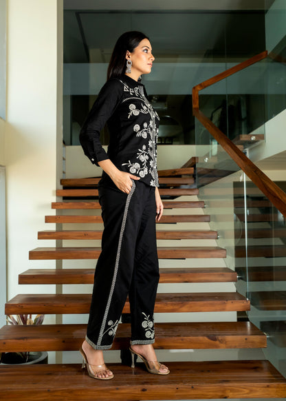Black Floral & Geometric Embroidered Cotton Co-ord Set D6273