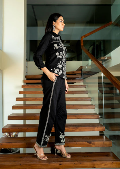 Black Floral & Geometric Embroidered Cotton Co-ord Set D6273 - kharidari