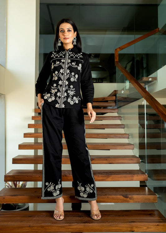 Black Floral & Geometric Embroidered Cotton Co-ord Set D6273 - kharidari