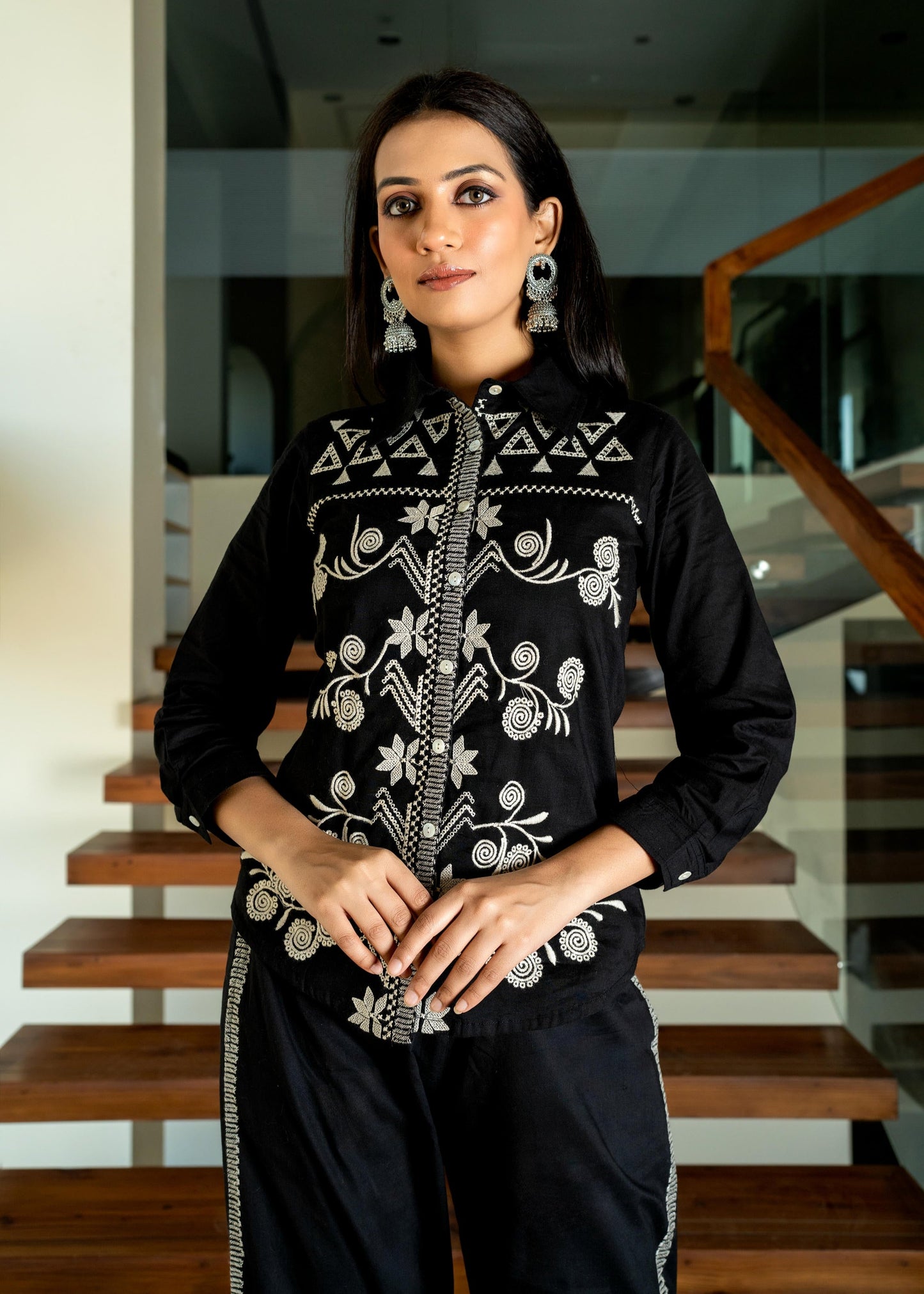 Black Floral & Geometric Embroidered Cotton Co-ord Set D6273 - kharidari