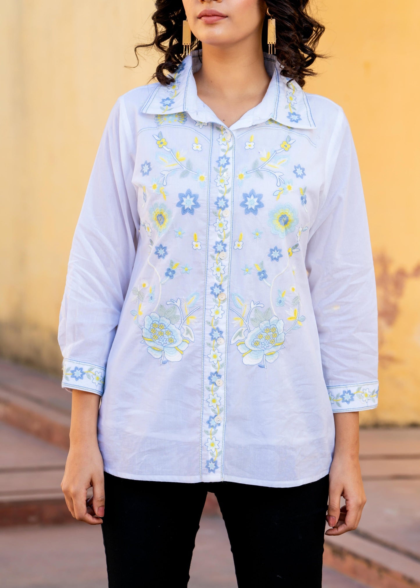 Sky Bloom Embroidered White Pure Cotton Shirt Top D6275 - kharidari