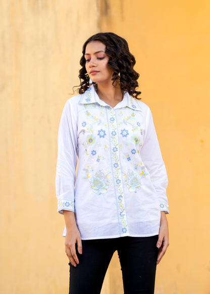Sky Bloom Embroidered White Pure Cotton Shirt Top D6275