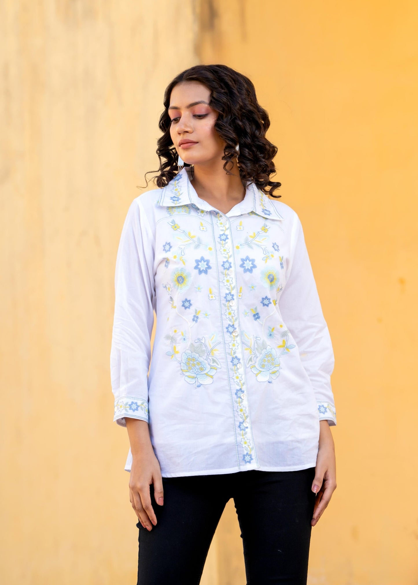 Sky Bloom Embroidered White Pure Cotton Shirt Top D6275 - kharidari