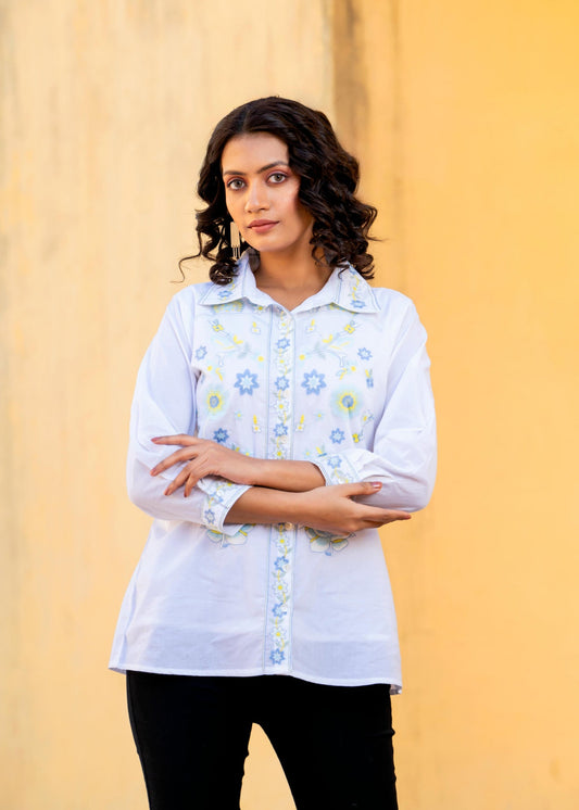 Sky Bloom Embroidered White Pure Cotton Shirt Top D6275 - kharidari