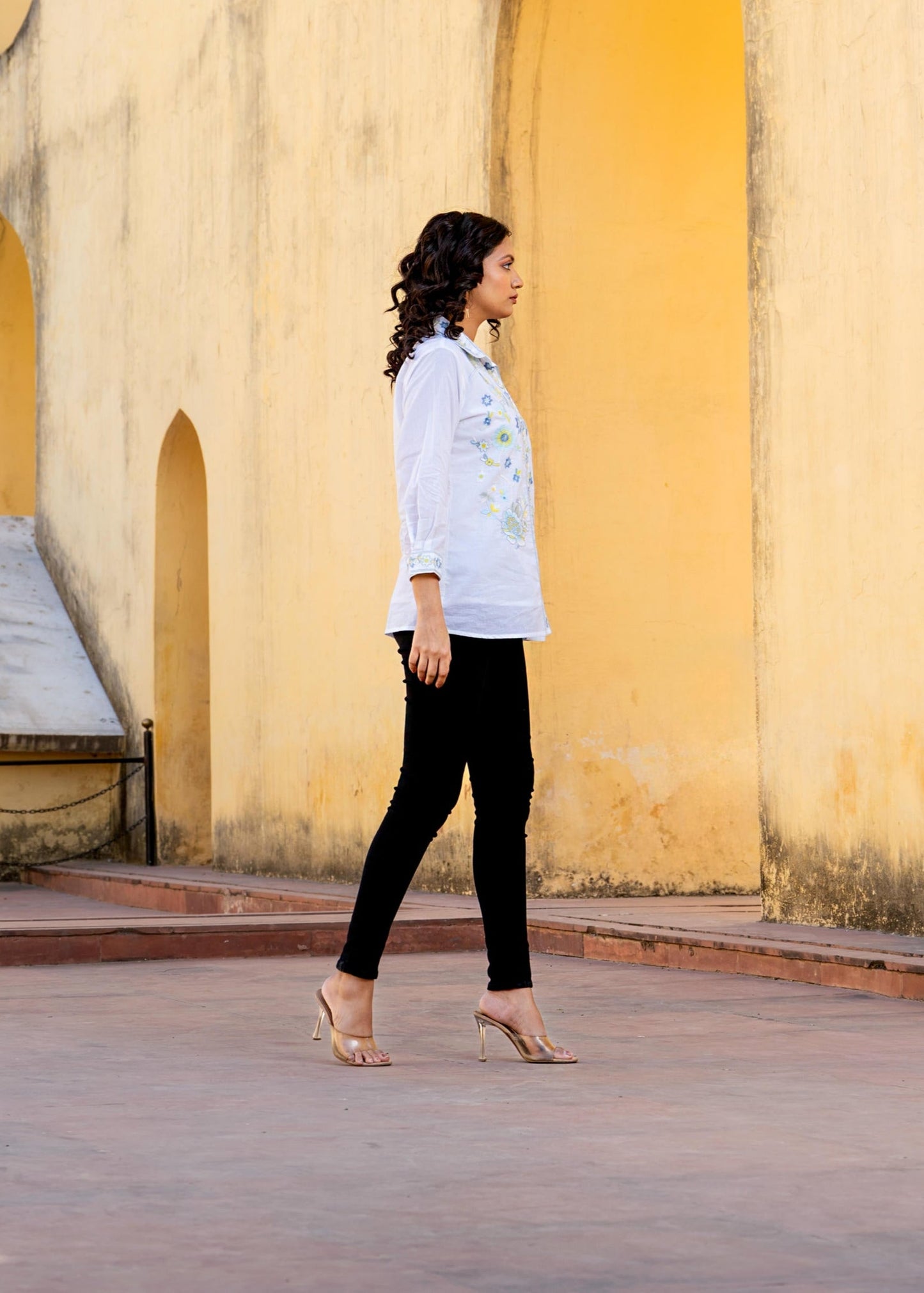 Sky Bloom Embroidered White Pure Cotton Shirt Top D6275 - kharidari