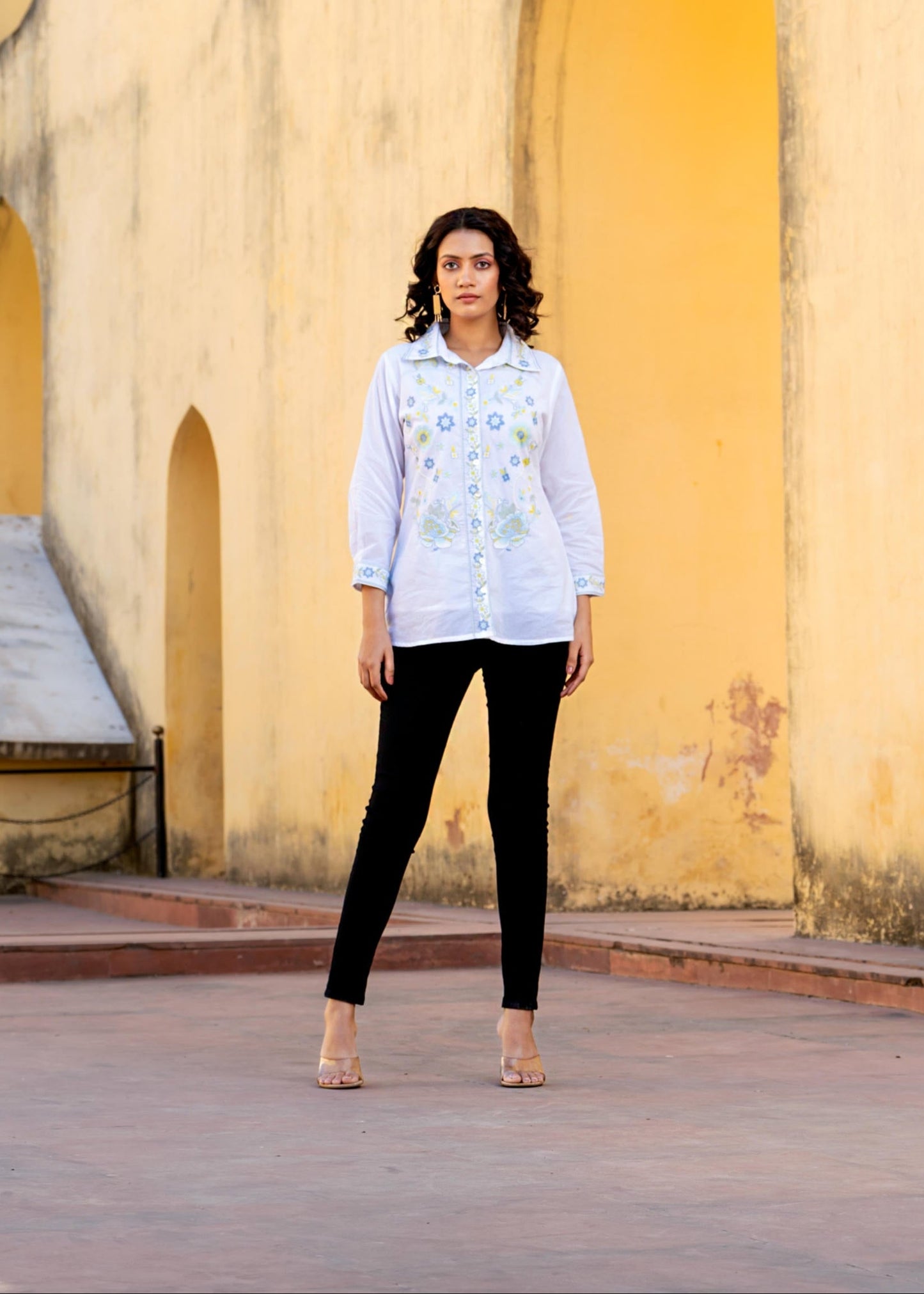Sky Bloom Embroidered White Pure Cotton Shirt Top D6275 - kharidari