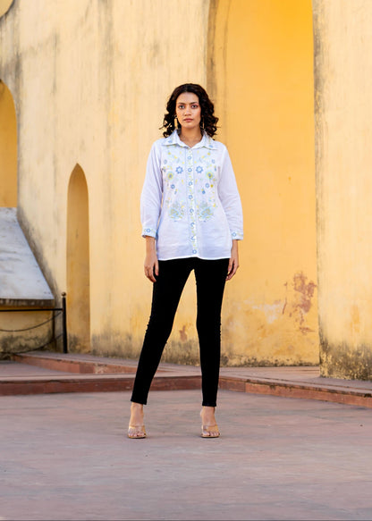 Sky Bloom Embroidered White Pure Cotton Shirt Top D6275 - kharidari