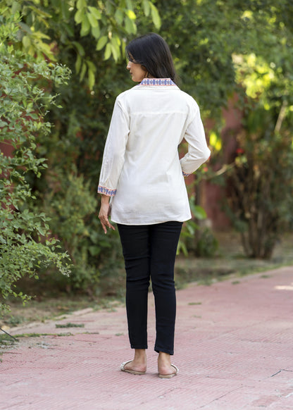 Garden Whispers Multicolor Embroidered White Pure Cotton Shirt Top D6276 - kharidari