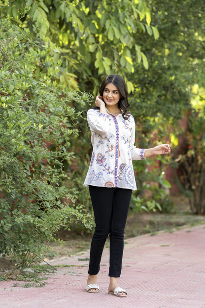 Garden Whispers Multicolor Embroidered White Pure Cotton Shirt Top D6276