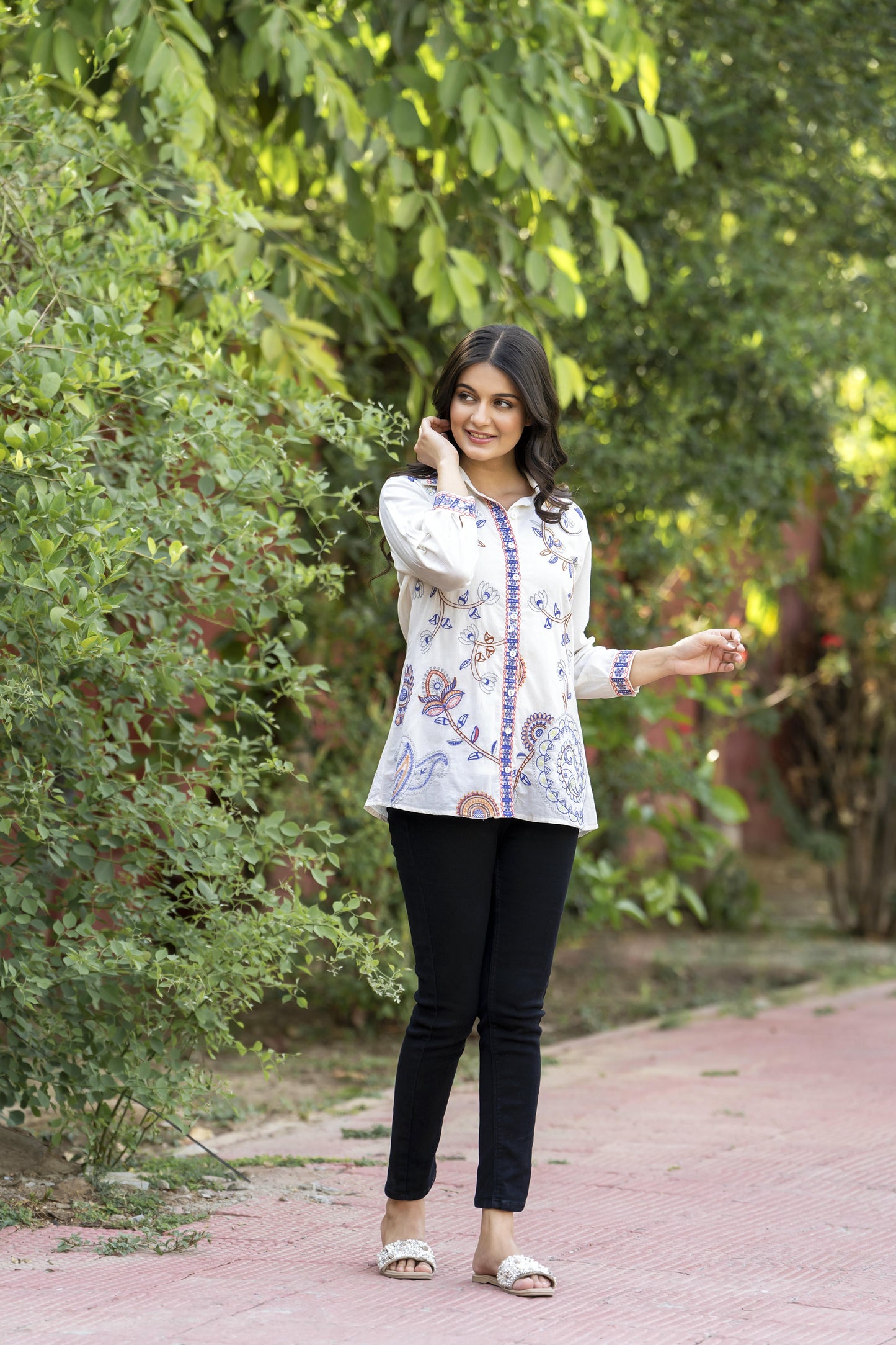 Garden Whispers Multicolor Embroidered White Pure Cotton Shirt Top D6276 - kharidari