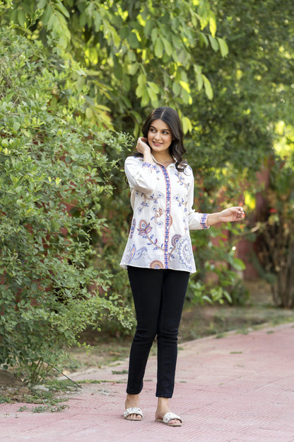 Garden Whispers Multicolor Embroidered White Pure Cotton Shirt Top D6276 - kharidari