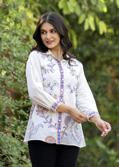 Garden Whispers Multicolor Embroidered White Pure Cotton Shirt Top D6276 - kharidari