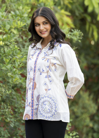 Garden Whispers Multicolor Embroidered White Pure Cotton Shirt Top D6276 - kharidari