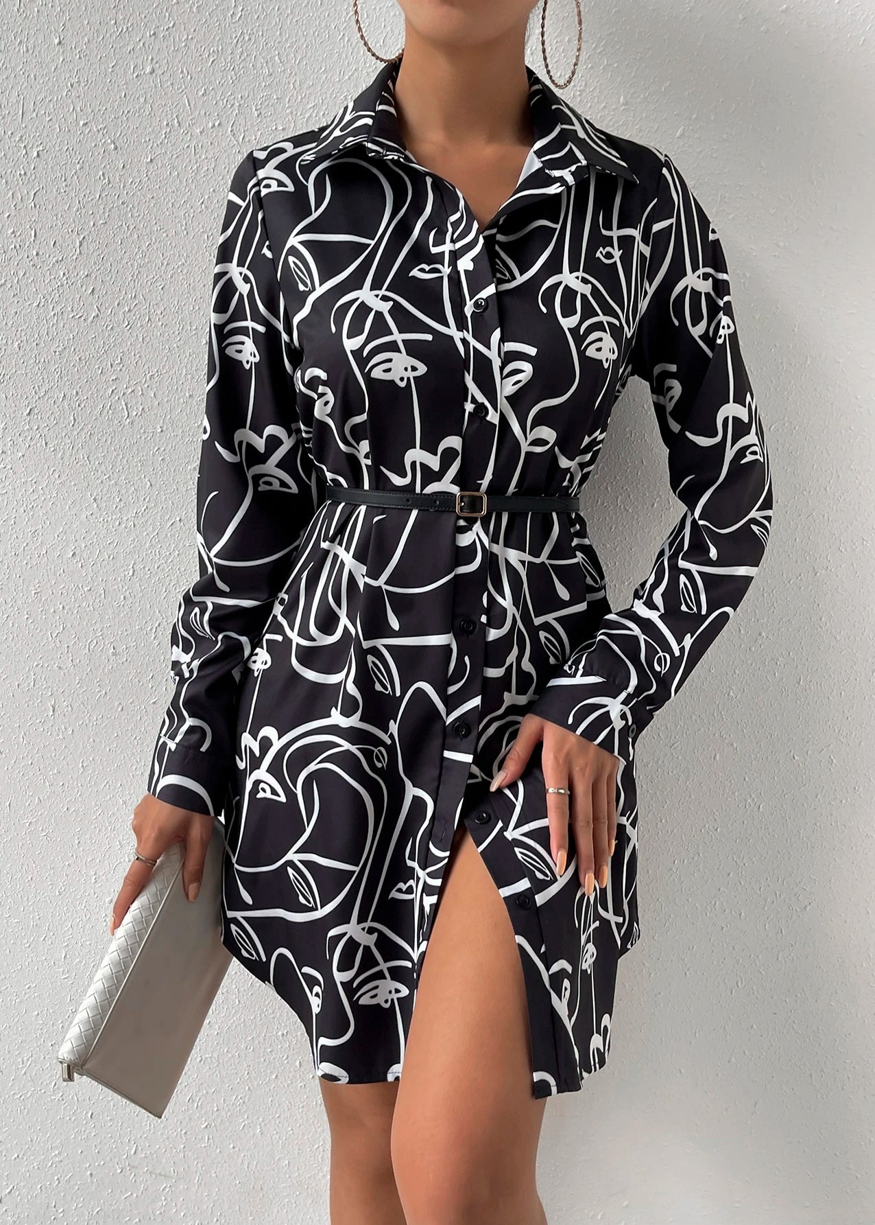 Allover Print Button Front Shirt Dress Without Belt D1904