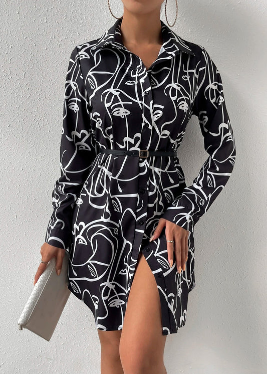 Allover Print Button Front Shirt Dress Without Belt D1904