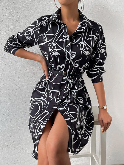 Allover Print Button Front Shirt Dress Without Belt D1904