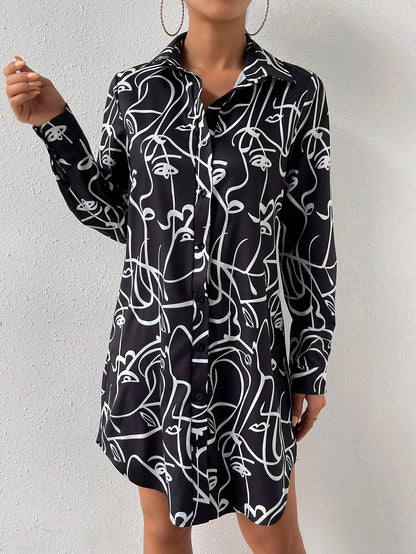 Allover Print Button Front Shirt Dress Without Belt D1904