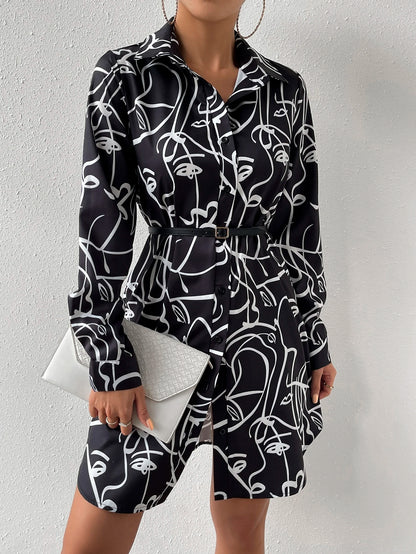 Allover Print Button Front Shirt Dress Without Belt D1904