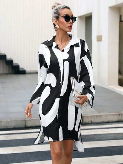 Allover Print  Printed One Piece Shirt Dress D1905