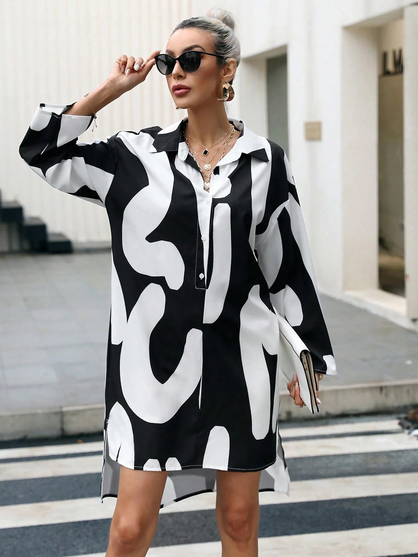 Allover Print  Printed One Piece Shirt Dress D1905