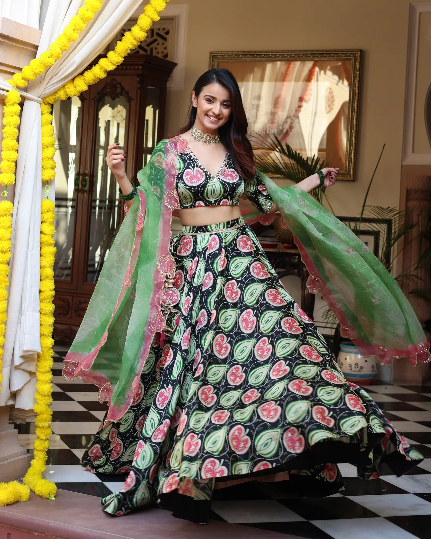 Blossom And Leaf Harmony Black Printed Satin Lehenga Set D5002