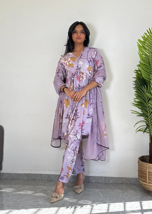 Purple Floral Printed Suit Set with Dupatta  Elegant Ethnic Wear D6173 - kharidari