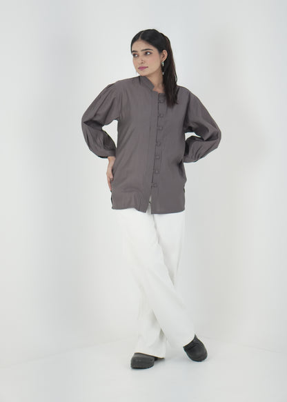 Elegant Grey Denting Fabric Mandarin Collar Shirt D6293