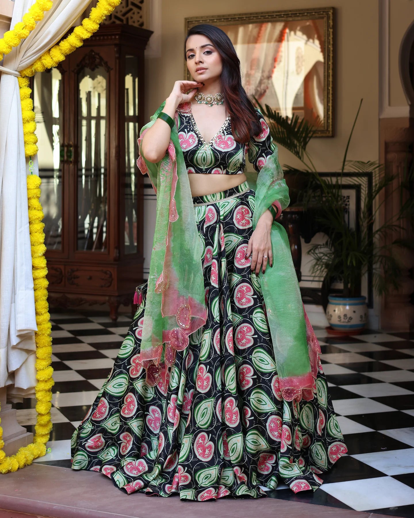 Blossom And Leaf Harmony Black Printed Satin Lehenga Set D5002