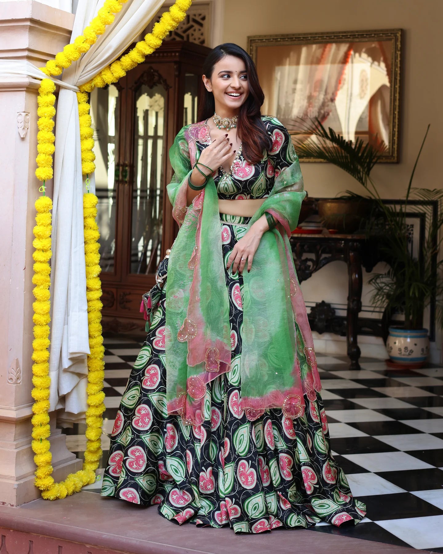 Blossom And Leaf Harmony Black Printed Satin Lehenga Set D5002