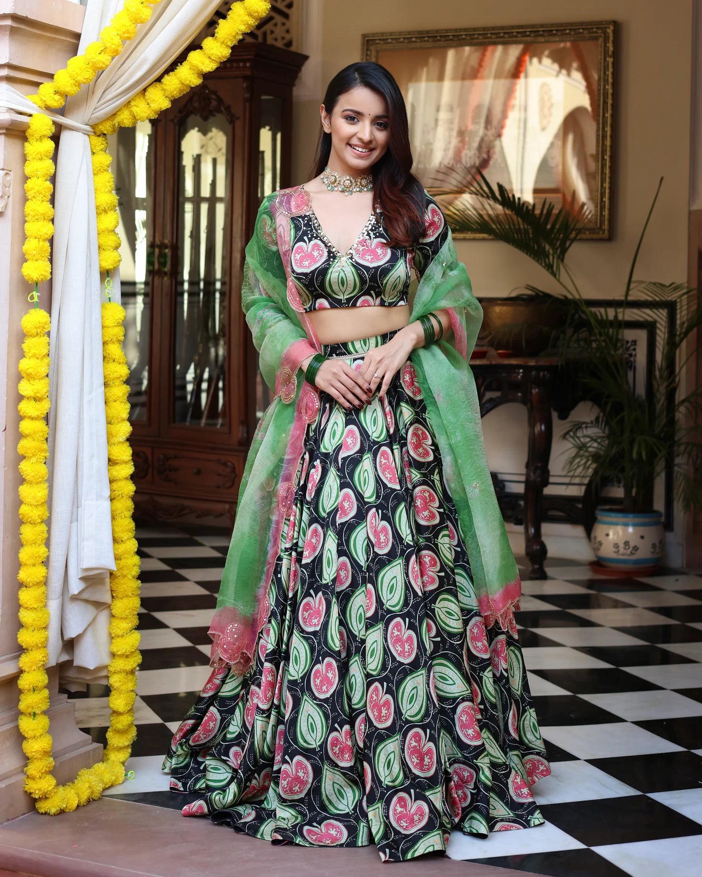 Blossom And Leaf Harmony Black Printed Satin Lehenga Set D5002