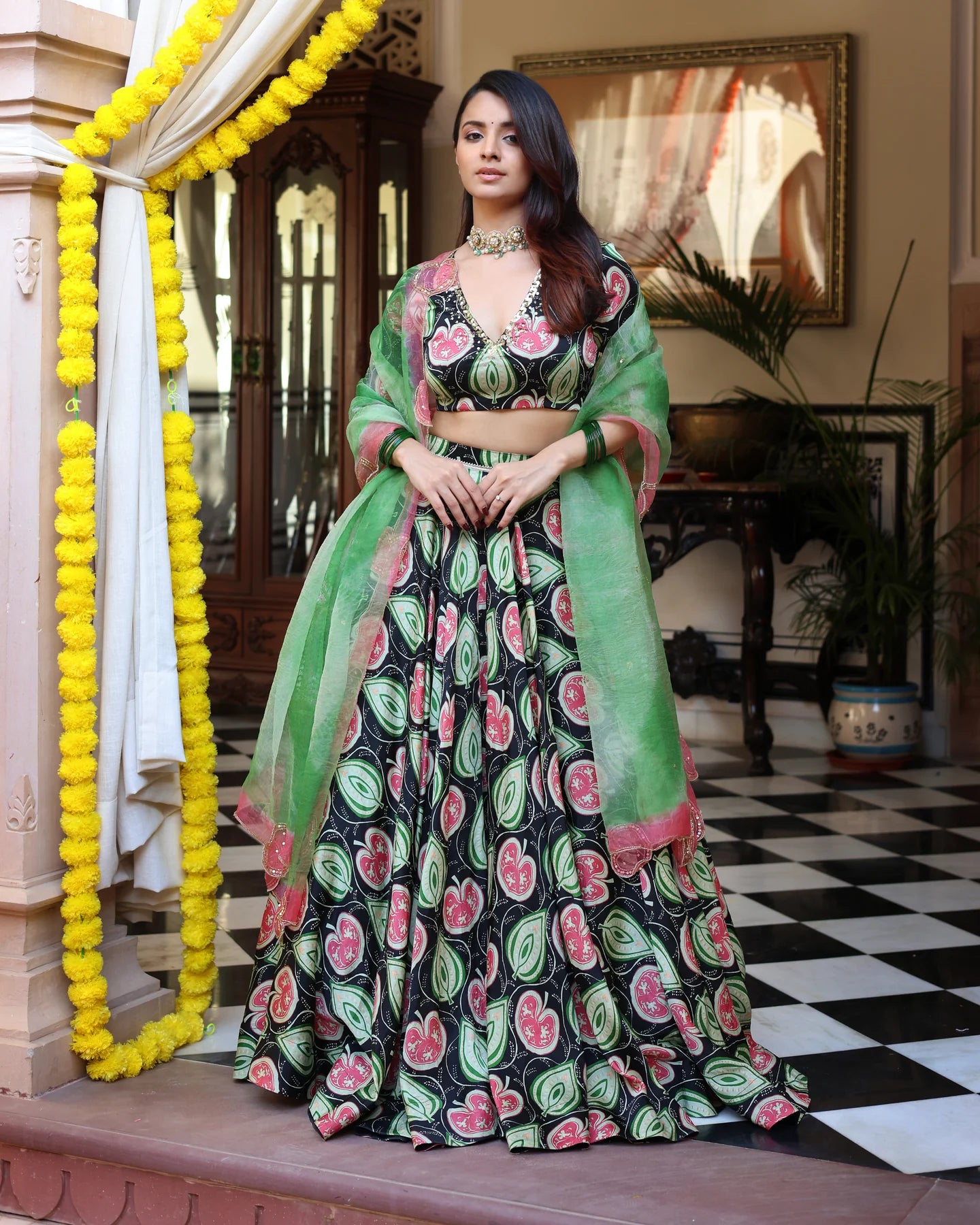 Blossom And Leaf Harmony Black Printed Satin Lehenga Set D5002