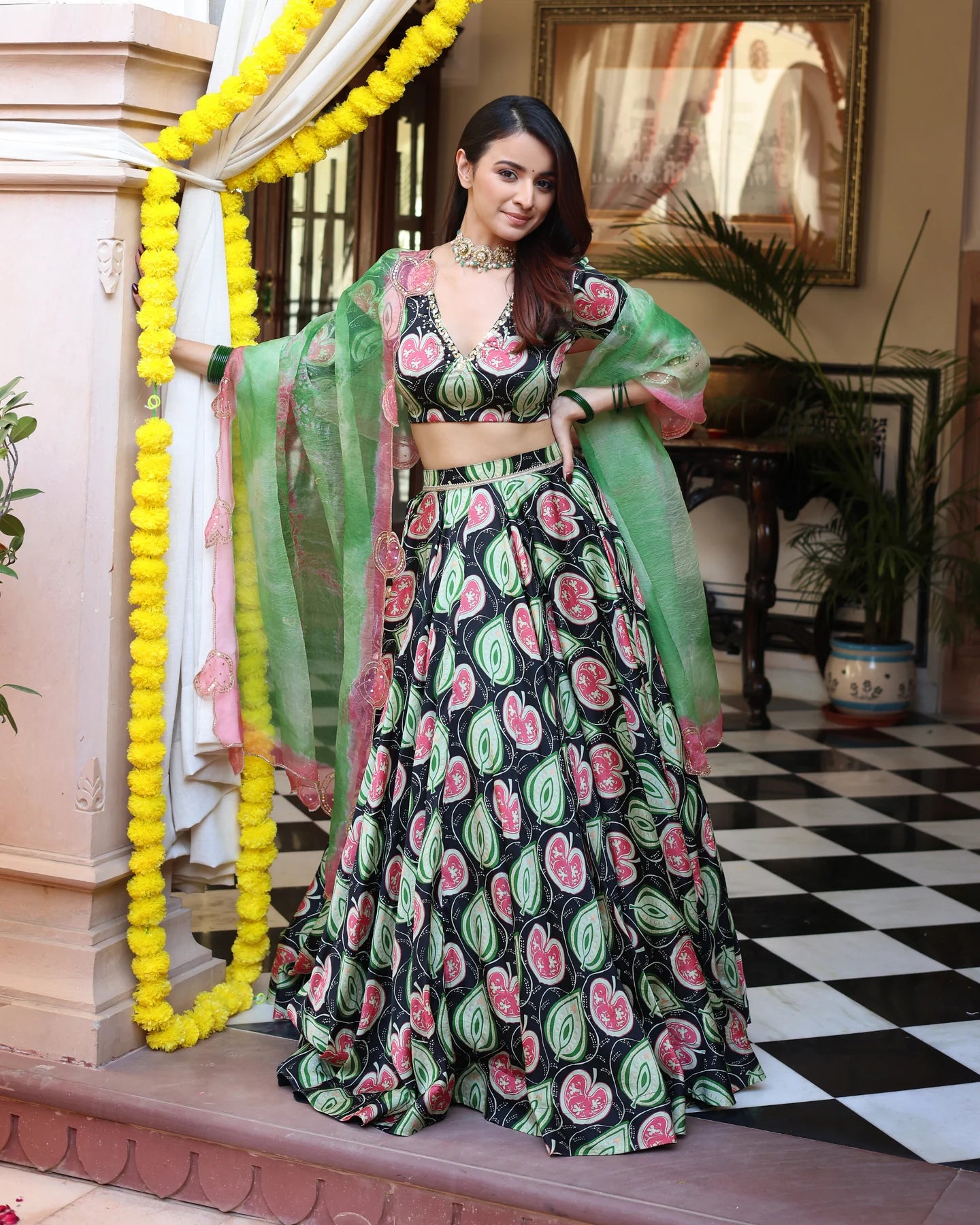 Blossom And Leaf Harmony Black Printed Satin Lehenga Set D5002