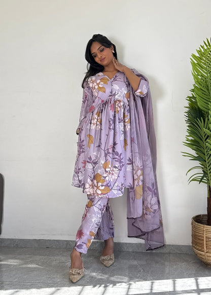 Purple Floral Printed Suit Set with Dupatta  Elegant Ethnic Wear D6173 - kharidari