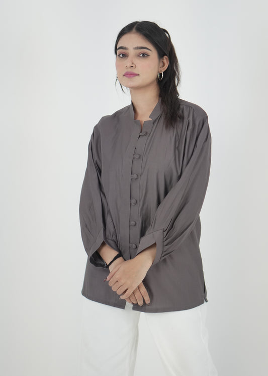 Elegant Grey Denting Fabric Mandarin Collar Shirt D6293
