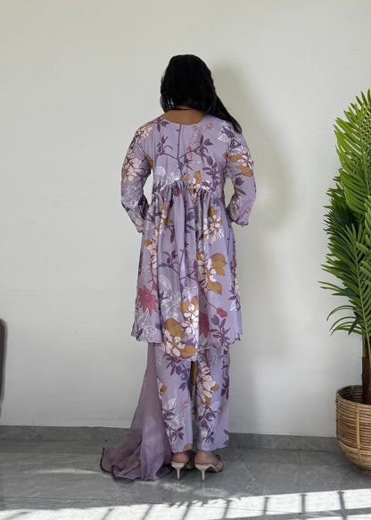 Purple Floral Printed Suit Set with Dupatta  Elegant Ethnic Wear D6173 - kharidari