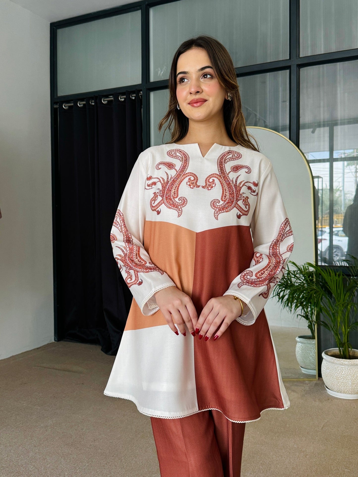 Tan Color Block  Coord Set D6048 - kharidari