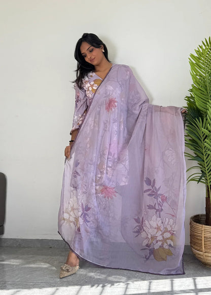 Purple Floral Printed Suit Set with Dupatta  Elegant Ethnic Wear D6173 - kharidari