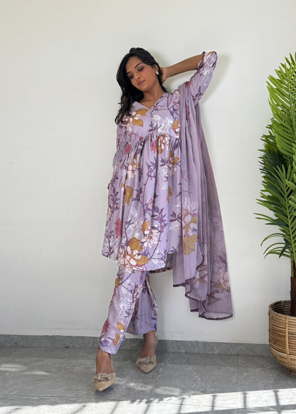 Purple Floral Printed Suit Set with Dupatta – Elegant Ethnic Wear D6173
