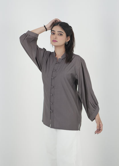 Elegant Grey Denting Fabric Mandarin Collar Shirt D6293