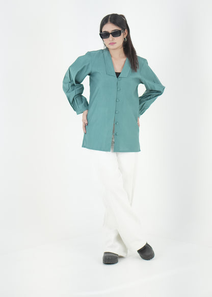 Teal Luxe Relaxed Fit Shirt with Pleated Sleeves D6295